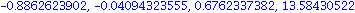 -.8862623902, -0.4094323555e-1, .6762337382, 13.58430522