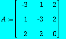 A := matrix([[-3, 1, 2], [1, -3, 2], [2, 2, 0]])