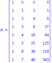 A := Matrix([[1, 0, 0, 0], [1, 1, 1, 1], [1, 2, 4, 8], [1, 3, 9, 27], [1, 4, 16, 64], [1, 5, 25, 125], [1, 6, 36, 216], [1, 7, 49, 343]])