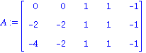 A := Matrix([[0, 0, 1, 1, -1], [-2, -2, 1, 1, -1], [-4, -2, 1, 1, -1]])