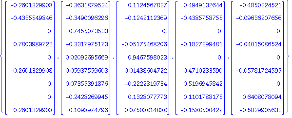 {Vector[column]([[-.2601329908], [-.4335549846], [0.], [.7803989722], [0.], [-.2601329908], [0.], [0.], [.2601329908]]), Vector[column]([[-.3631879524], [-.3490096296], [.7455073533], [-.3317975173], ...