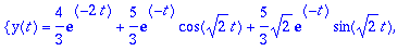 {y(t) = 4/3*exp(-2*t)+5/3*exp(-t)*cos(sqrt(2)*t)+5/...