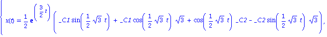 {x(t) = 1/2*exp(3/2*t)*(_C1*sin(1/2*sqrt(3)*t)+_C1*cos(1/2*sqrt(3)*t)*sqrt(3)+cos(1/2*sqrt(3)*t)*_C2-_C2*sin(1/2*sqrt(3)*t)*sqrt(3)), y(t) = exp(3/2*t)*(_C1*sin(1/2*sqrt(3)*t)+cos(1/2*sqrt(3)*t)*_C2)}