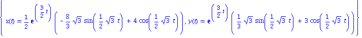 {x(t) = 1/2*exp(3/2*t)*(-8/3*sqrt(3)*sin(1/2*sqrt(3)*t)+4*cos(1/2*sqrt(3)*t)), y(t) = exp(3/2*t)*(1/3*sqrt(3)*sin(1/2*sqrt(3)*t)+3*cos(1/2*sqrt(3)*t))}